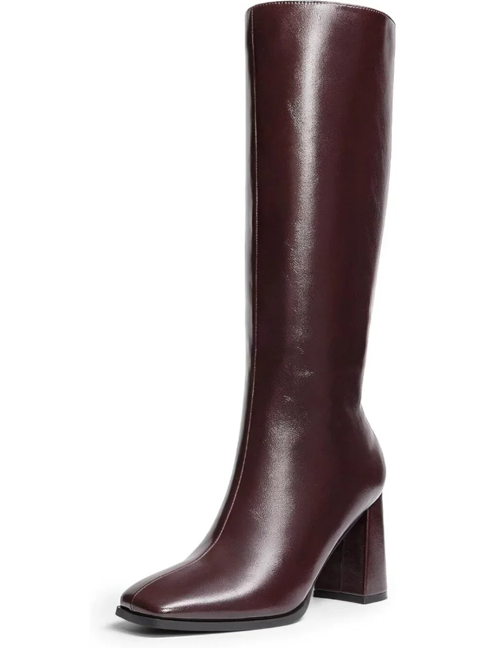Women's Burgundy Chunky Block Heeled Square Toe Side Zipper Knee High Boots